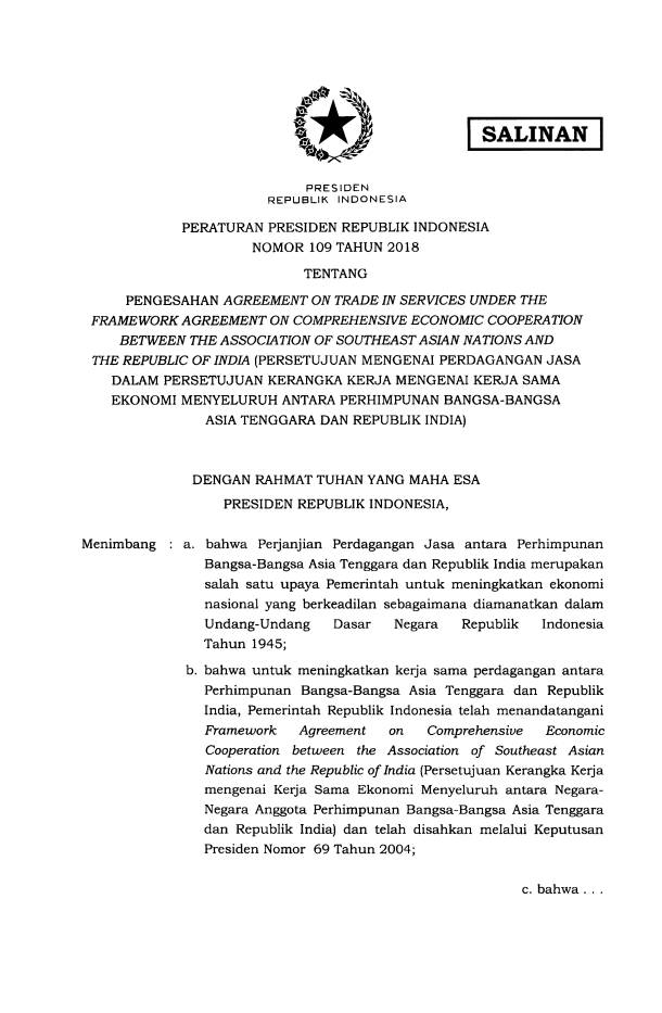 Peraturan Presiden Nomor 109 Tahun 2018