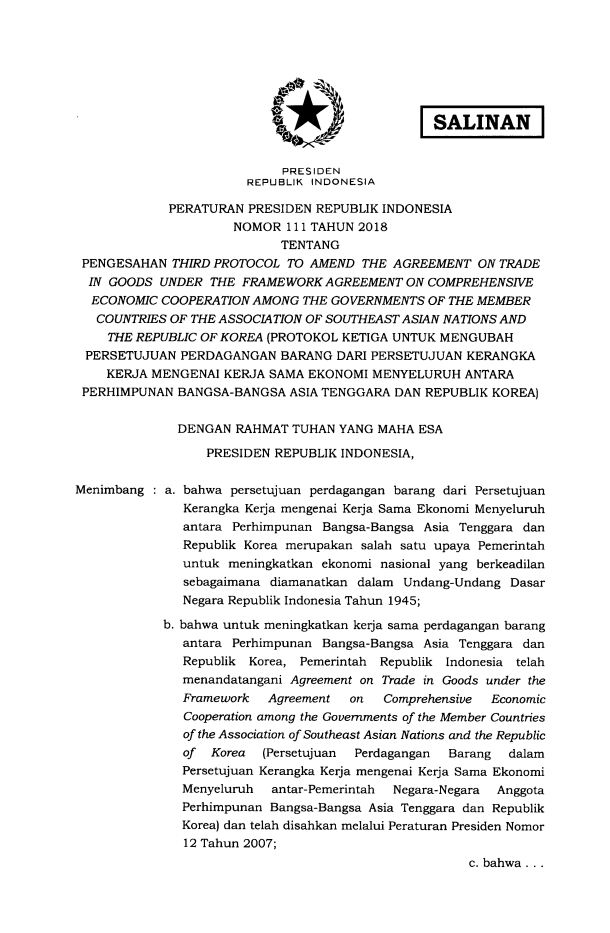 Peraturan Presiden Nomor 111 Tahun 2018