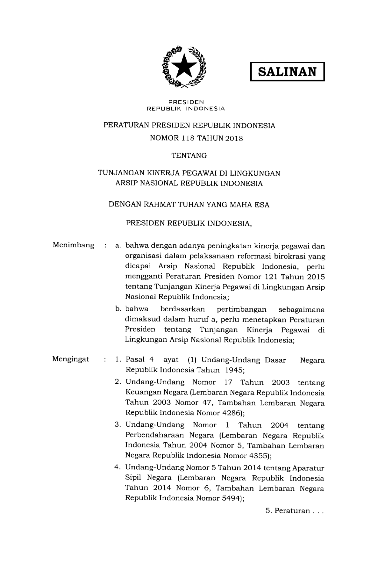 Peraturan Presiden Nomor 118 Tahun 2018