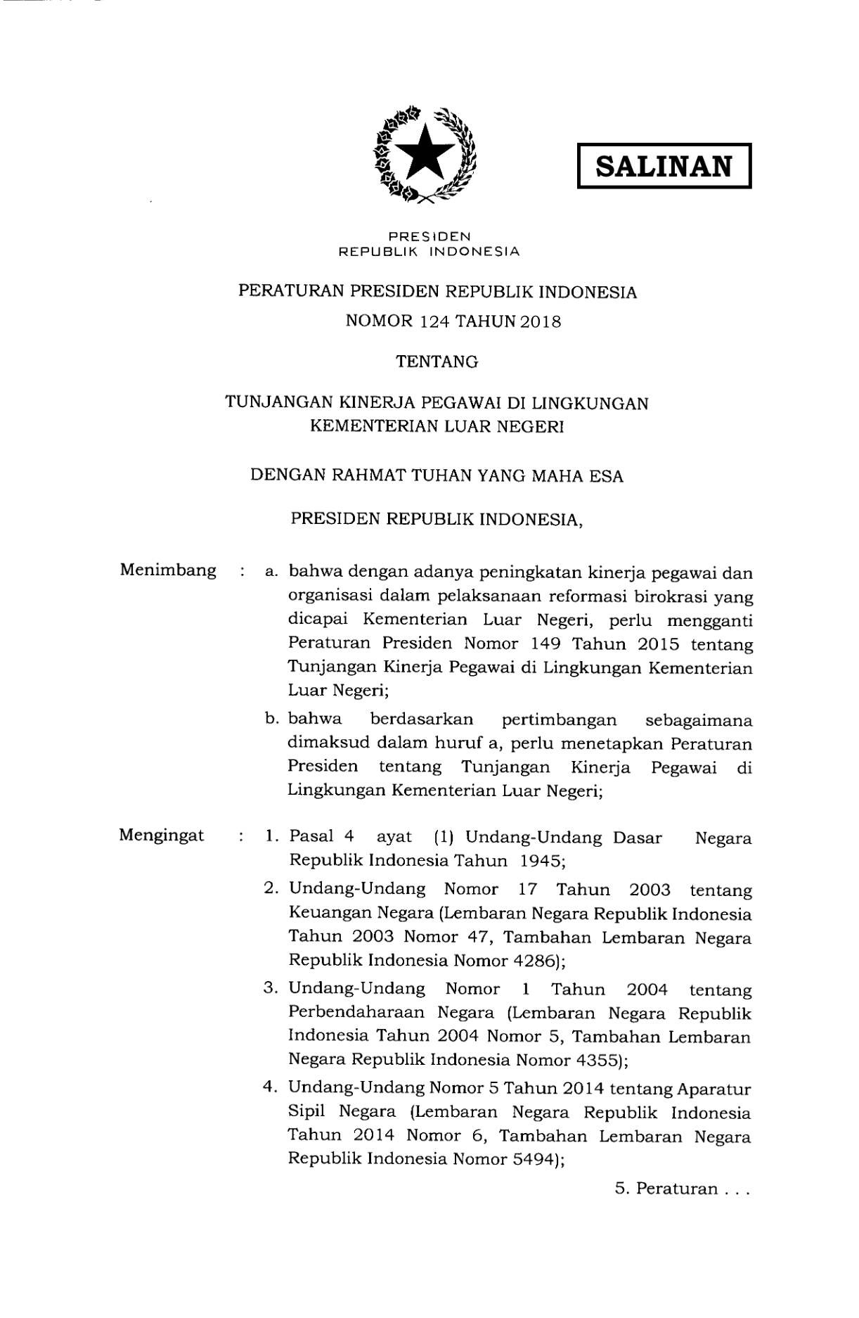 Peraturan Presiden Nomor 124 Tahun 2018