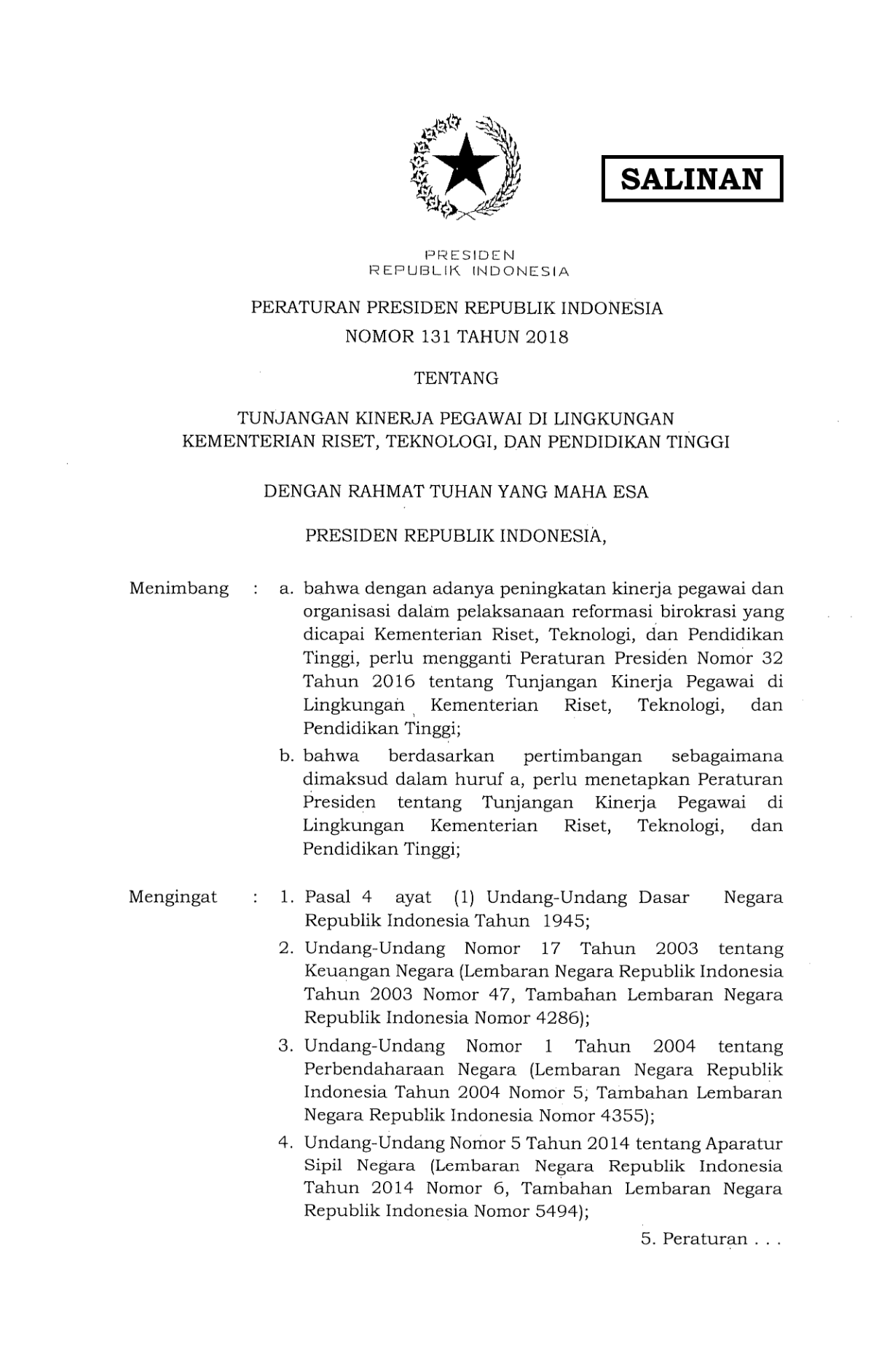 Peraturan Presiden Nomor 131 Tahun 2018