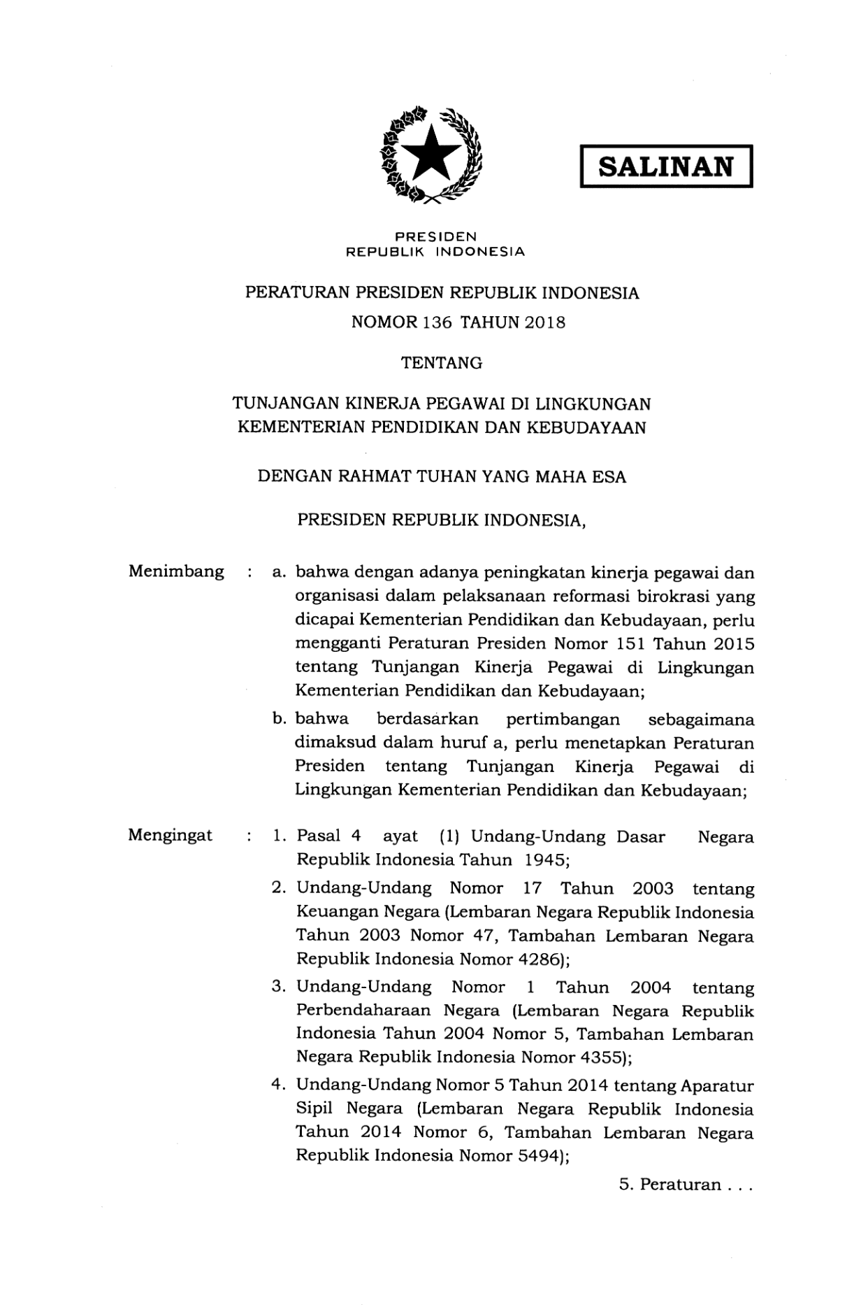Peraturan Presiden Nomor 136 Tahun 2018