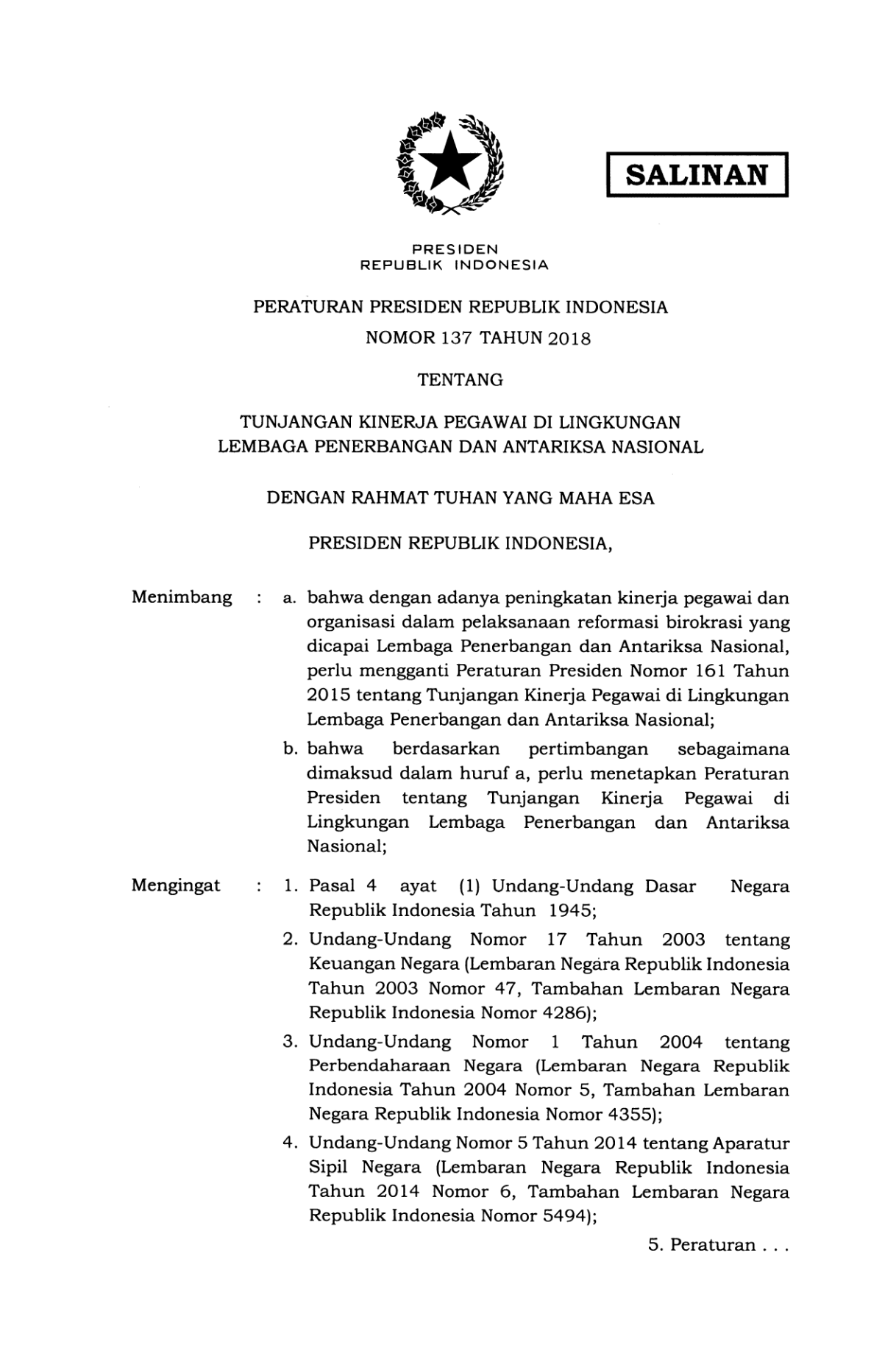Peraturan Presiden Nomor 137 Tahun 2018