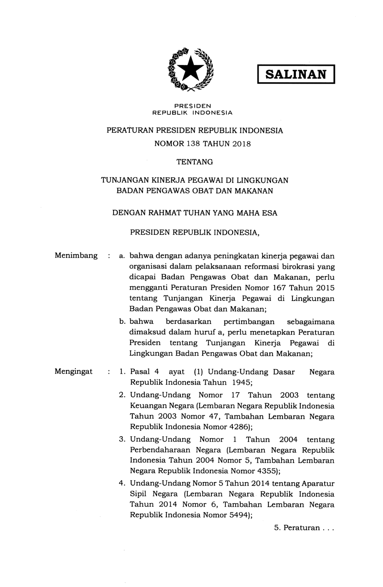 Peraturan Presiden Nomor 138 Tahun 2018