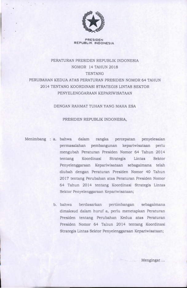 Peraturan Presiden Nomor 14 Tahun 2018