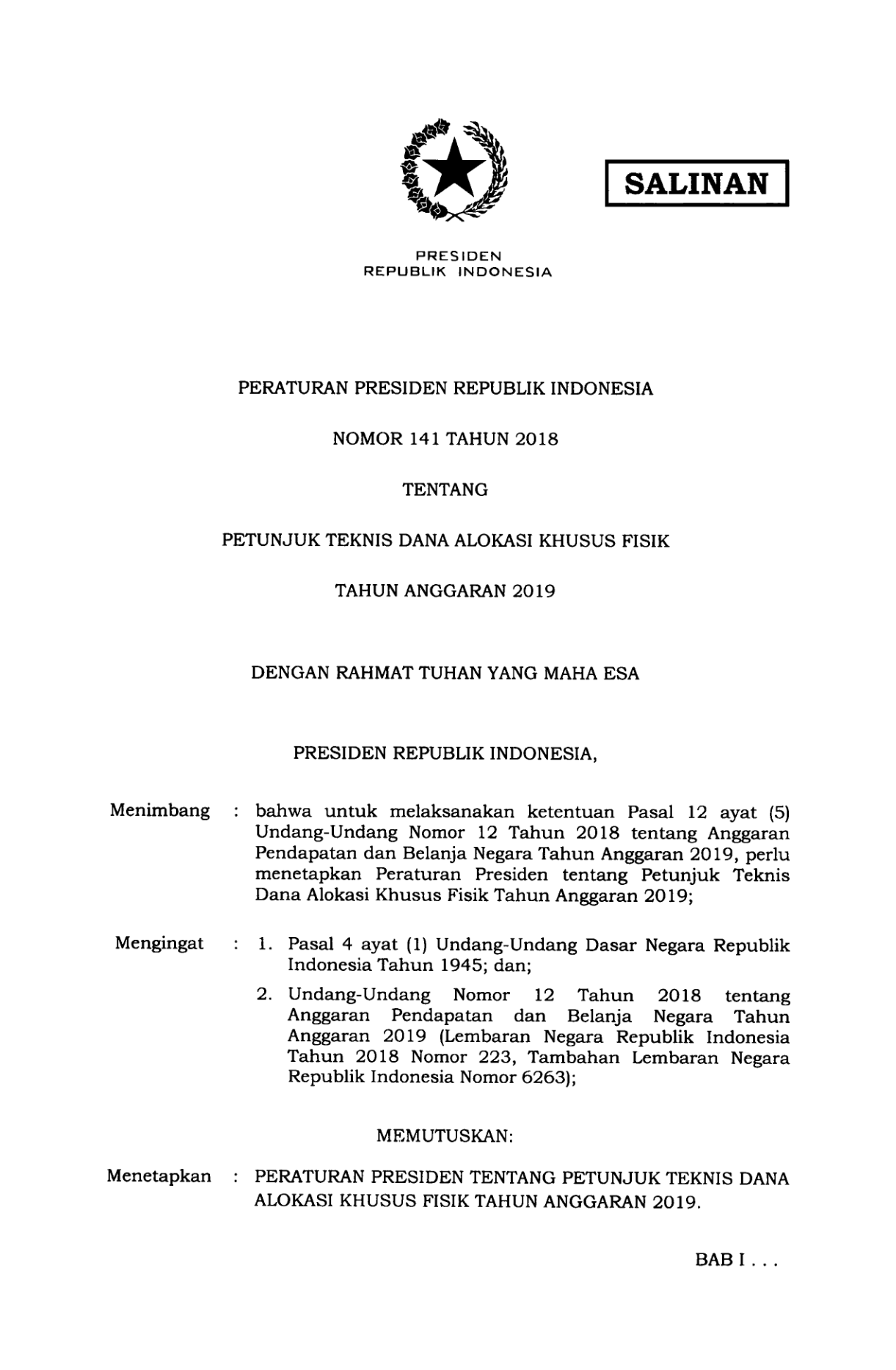 Peraturan Presiden Nomor 141 Tahun 2018