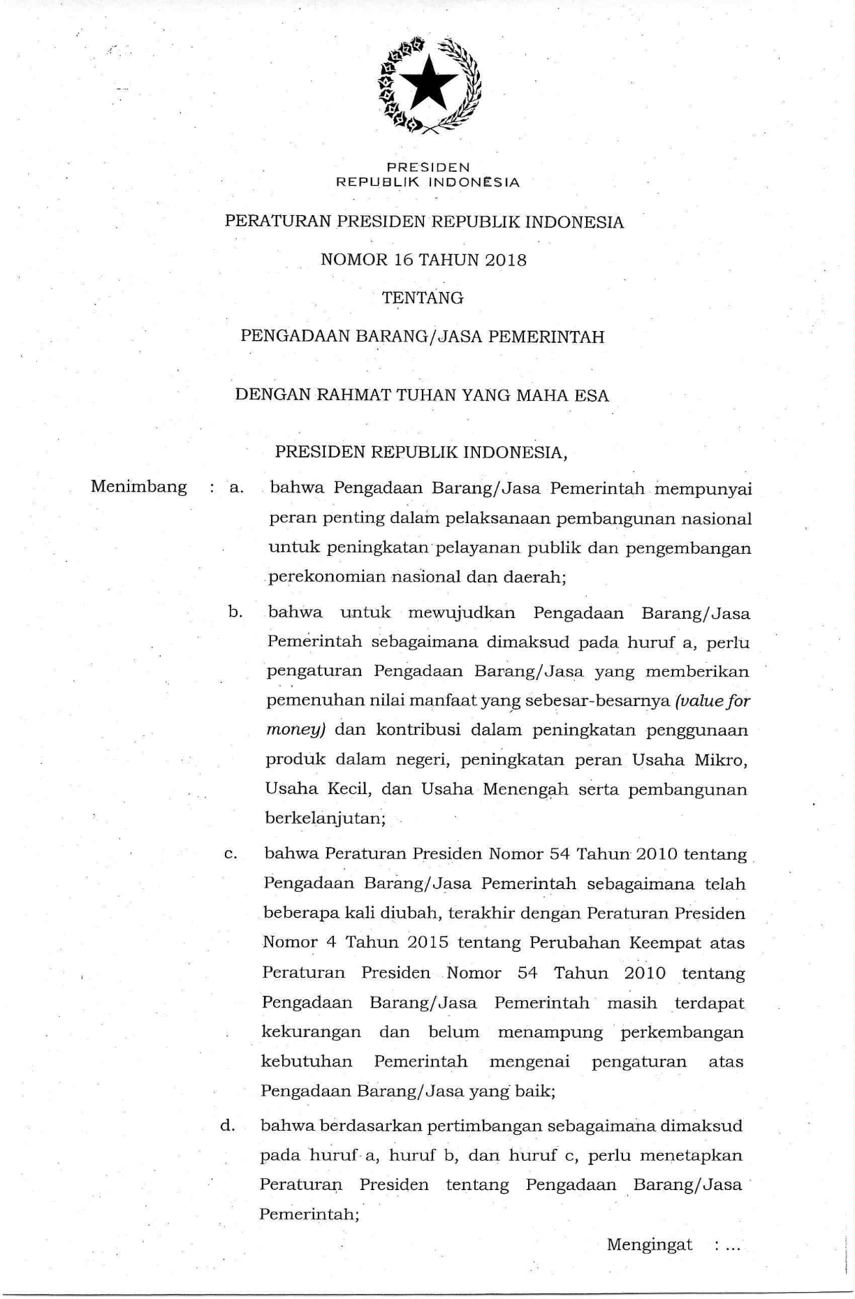 Peraturan Presiden Nomor 16 Tahun 2018