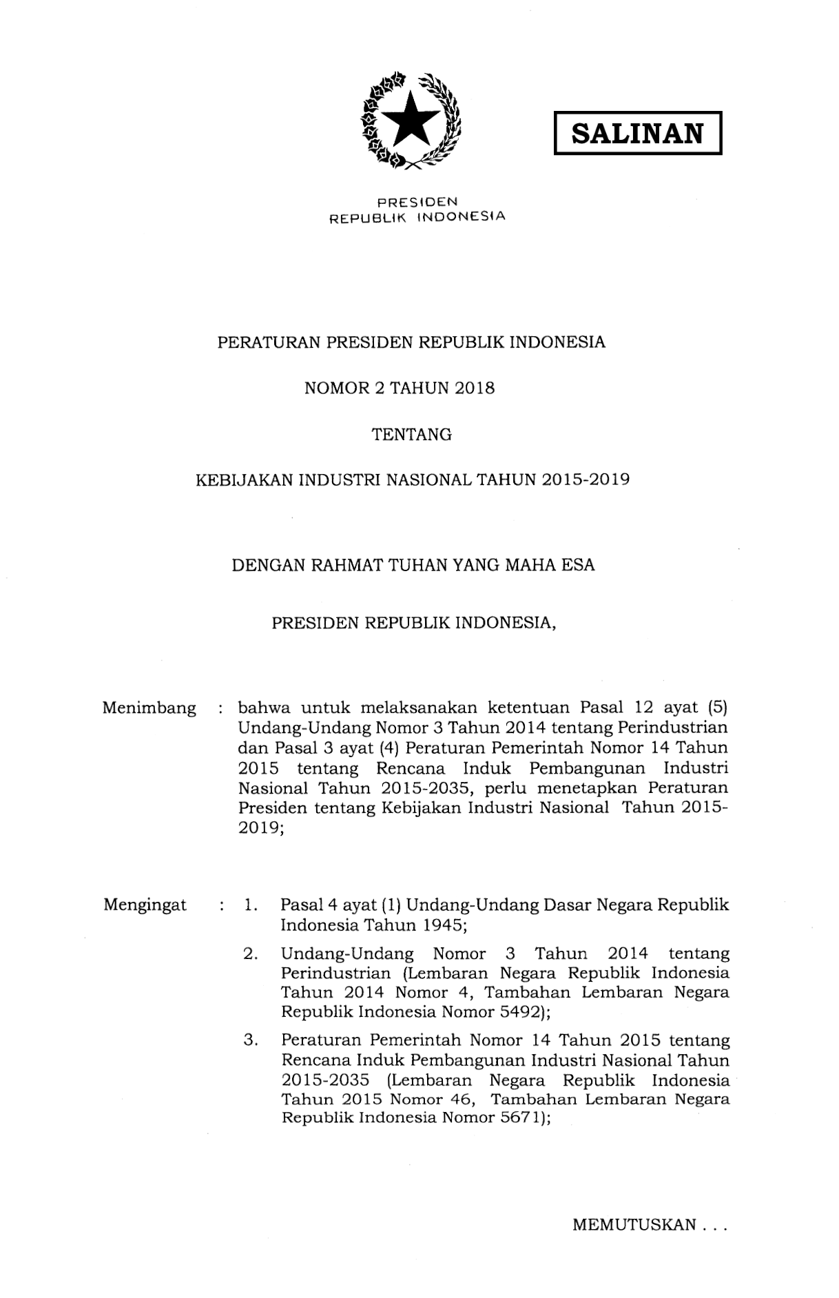 Peraturan Presiden Nomor 2 Tahun 2018