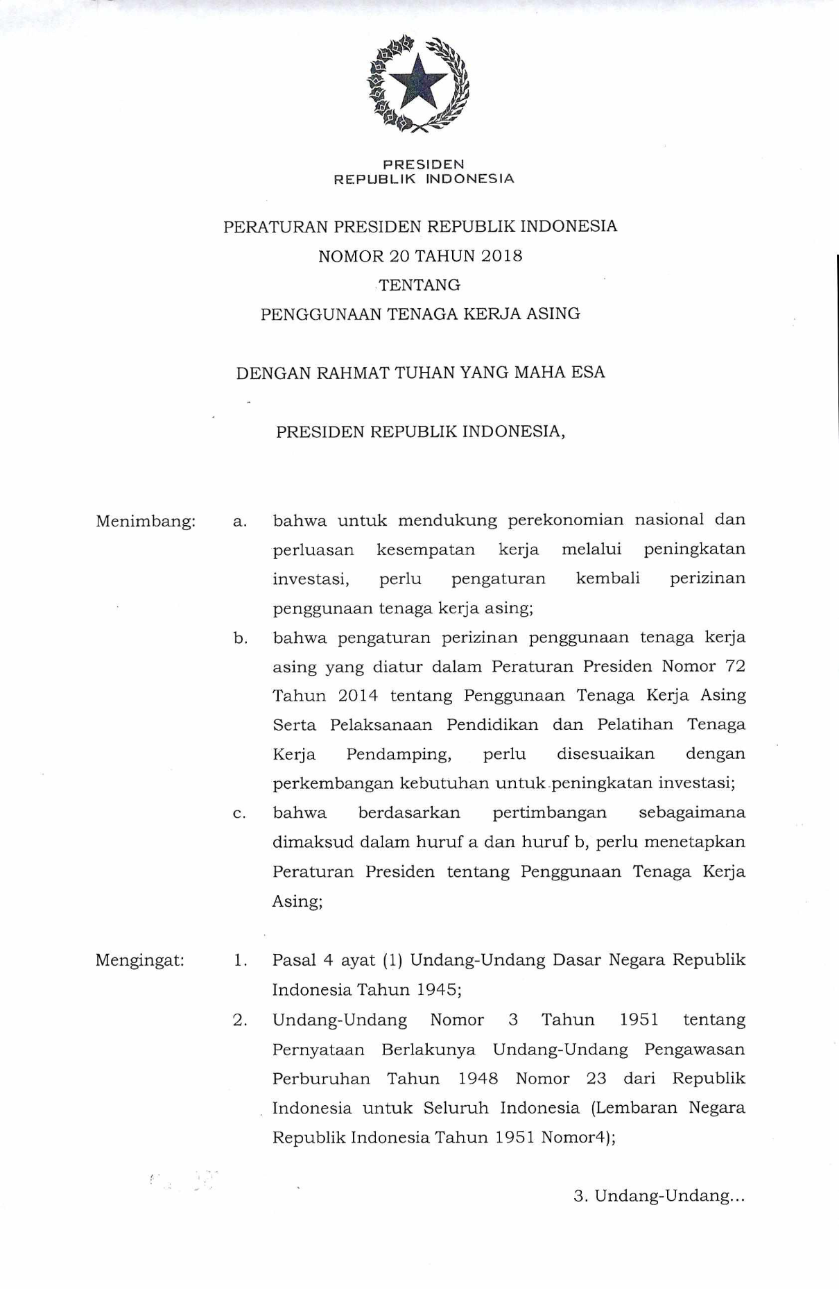 Peraturan Presiden Nomor 20 Tahun 2018