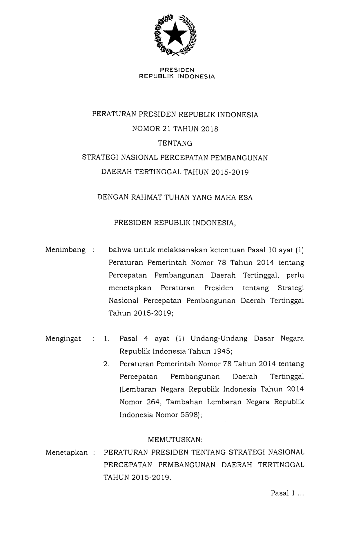 Peraturan Presiden Nomor 21 Tahun 2018