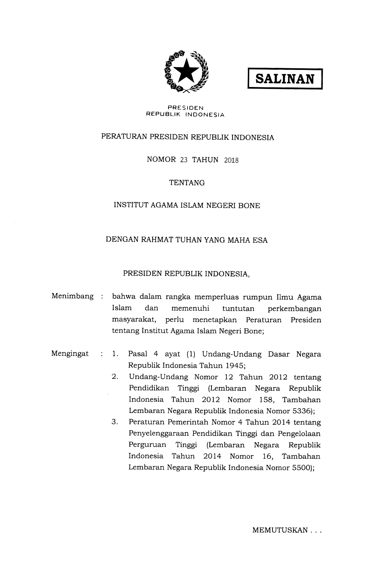 Peraturan Presiden Nomor 23 Tahun 2018