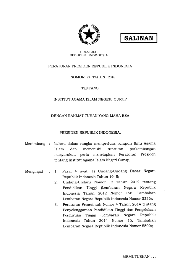 Peraturan Presiden Nomor 24 Tahun 2018