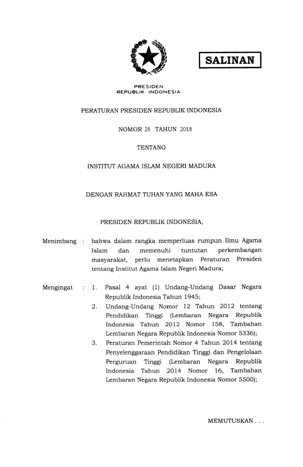 Peraturan Presiden Nomor 28 Tahun 2018