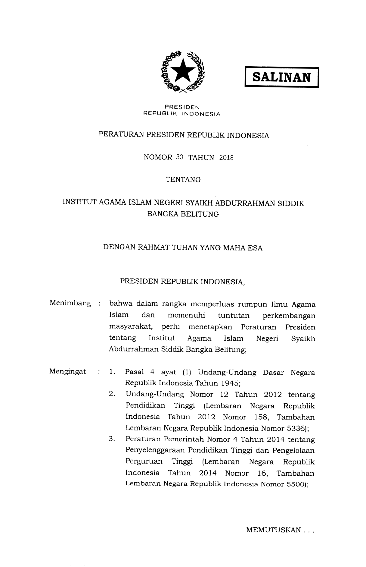 Peraturan Presiden Nomor 30 Tahun 2018