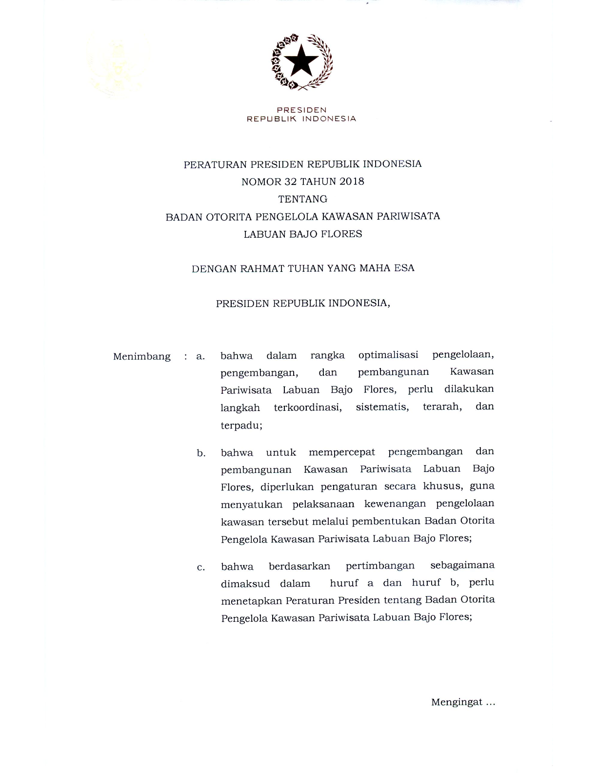 Peraturan Presiden Nomor 32 Tahun 2018