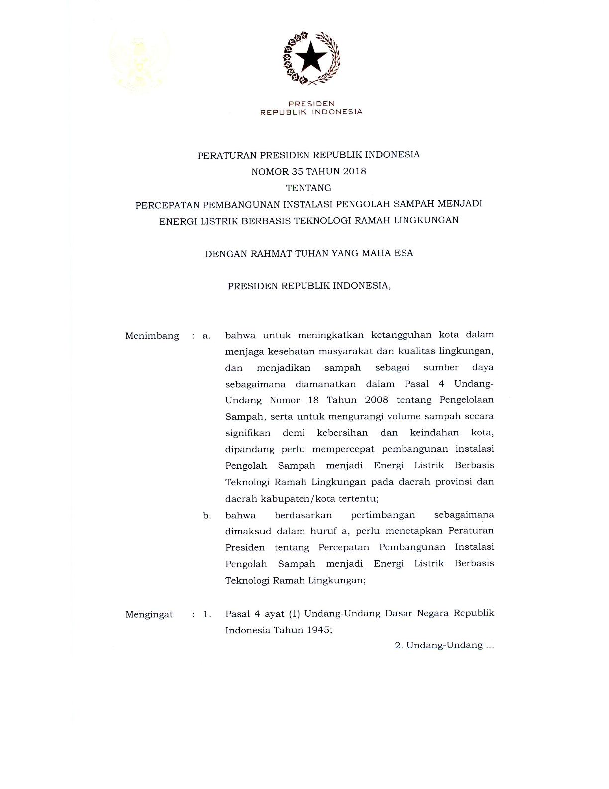 Peraturan Presiden Nomor 35 Tahun 2018