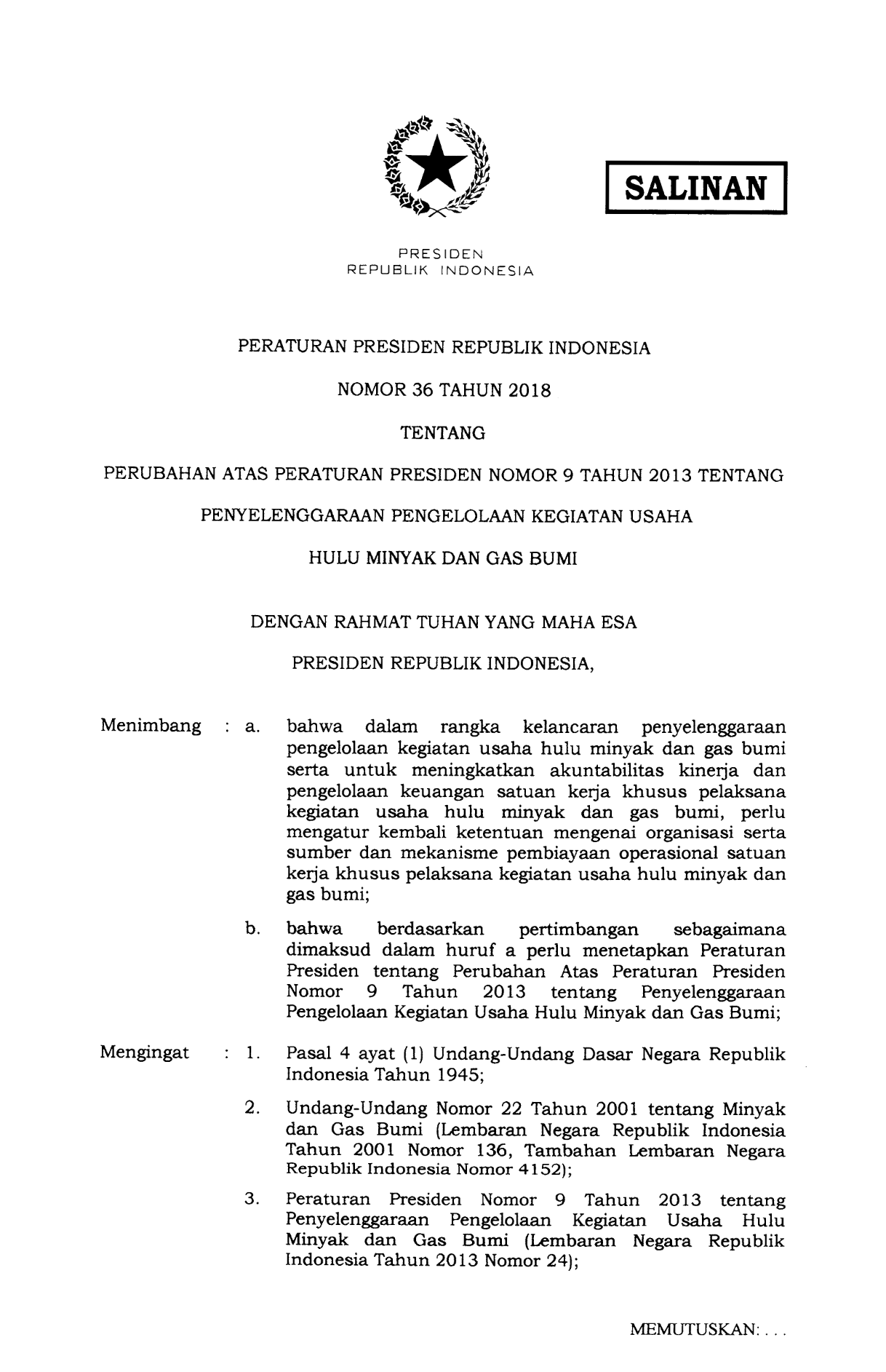 Peraturan Presiden Nomor 36 Tahun 2018