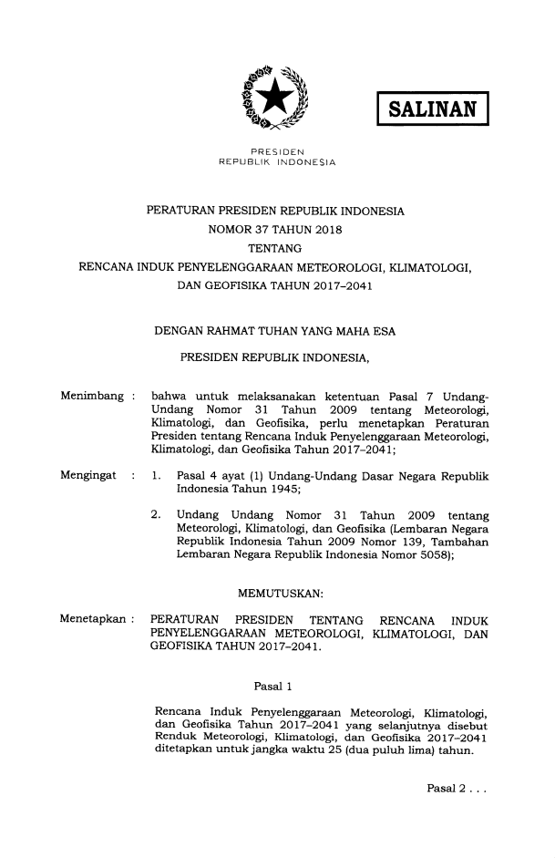 Peraturan Presiden Nomor 37 Tahun 2018