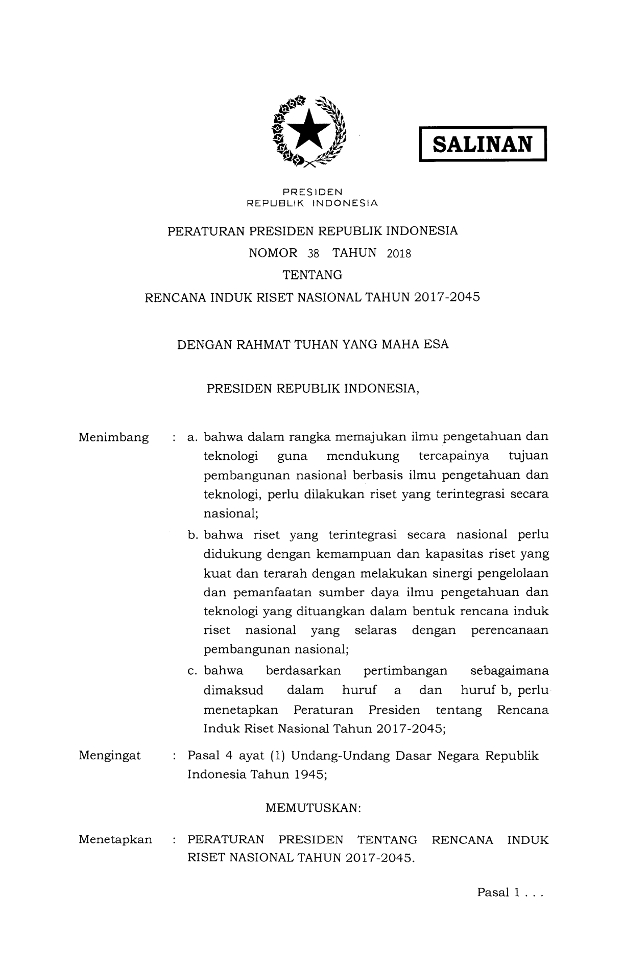 Peraturan Presiden Nomor 38 Tahun 2018