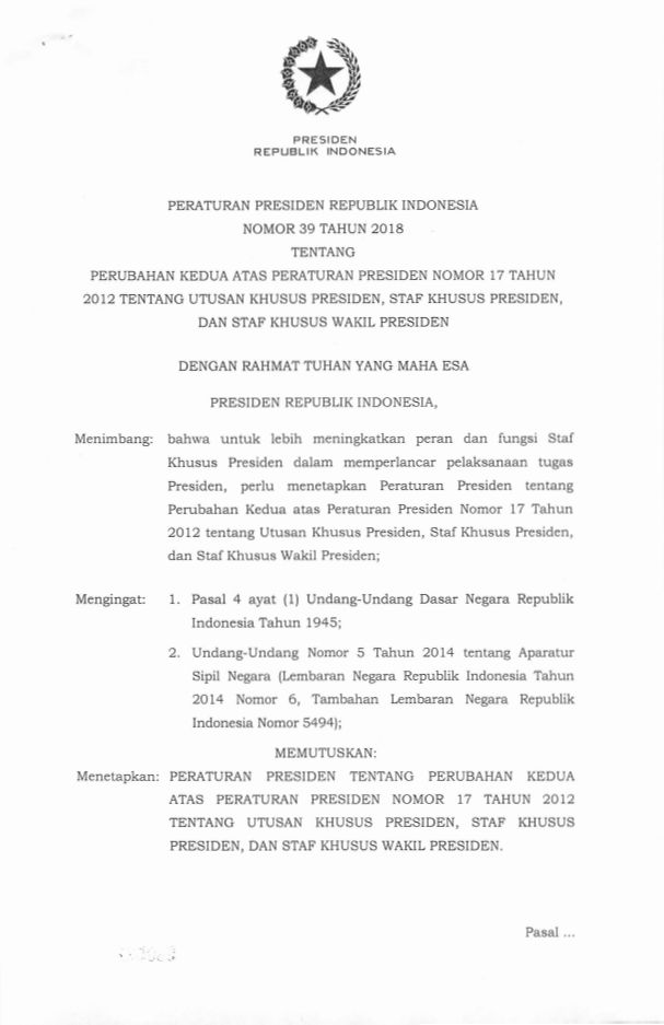 Peraturan Presiden Nomor 39 Tahun 2018