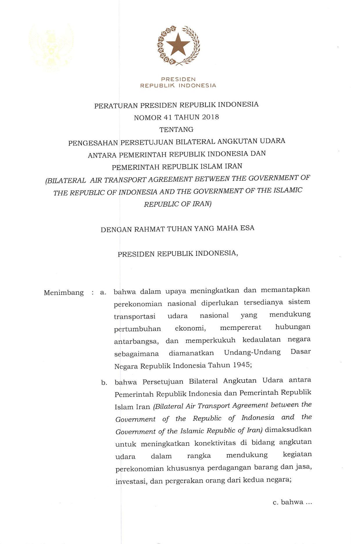 Peraturan Presiden Nomor 41 Tahun 2018