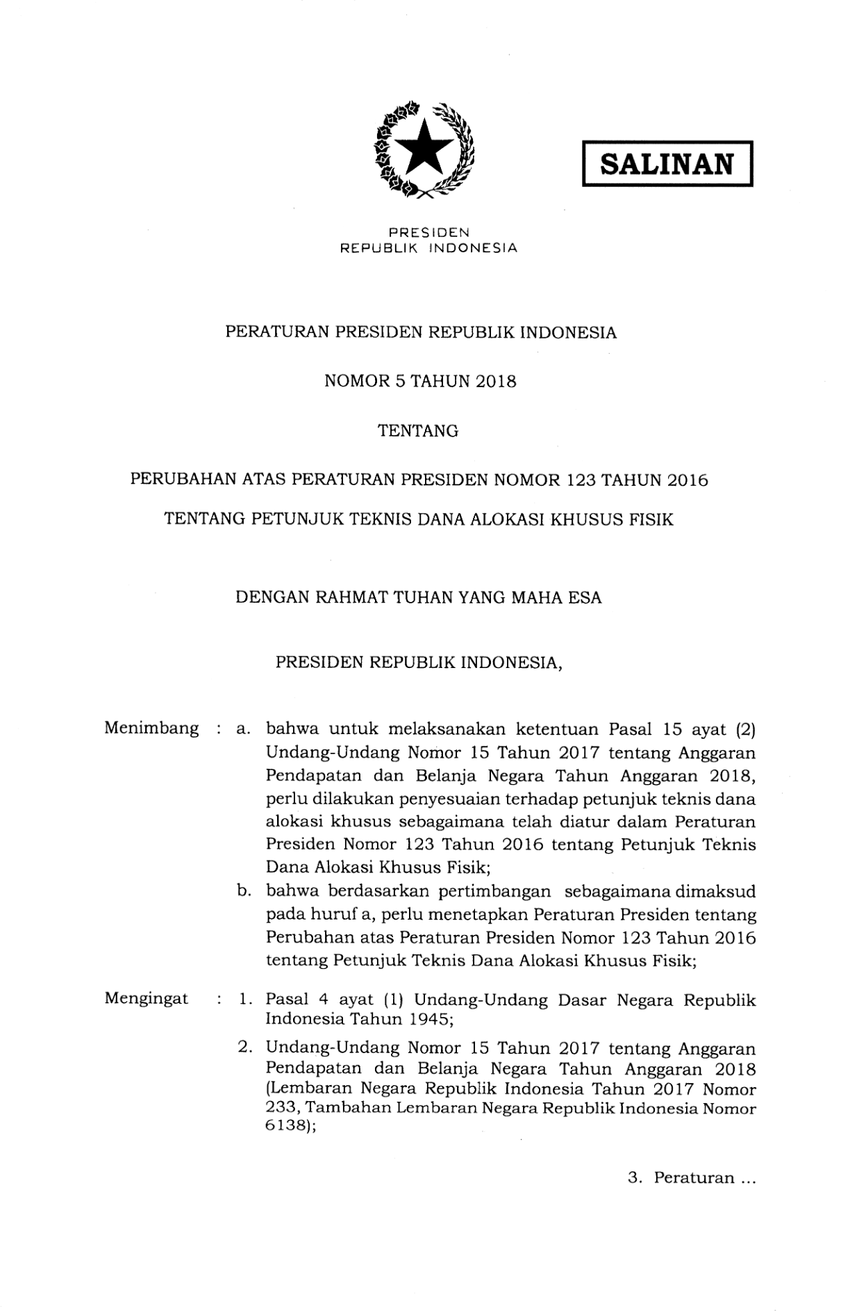 Peraturan Presiden Nomor 5 Tahun 2018