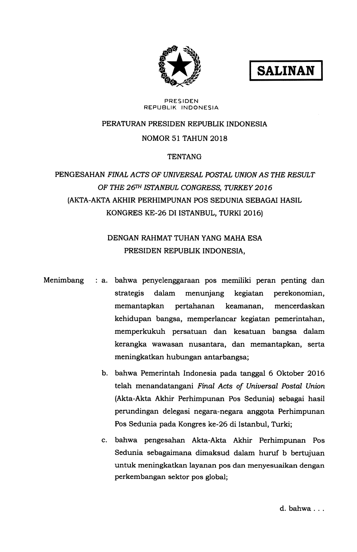 Peraturan Presiden Nomor 51 Tahun 2018