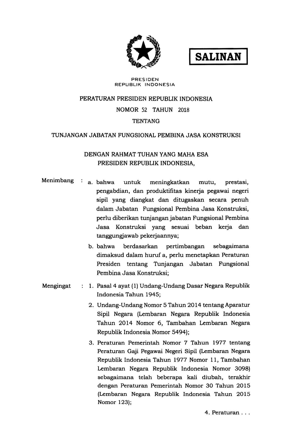 Peraturan Presiden Nomor 52 Tahun 2018
