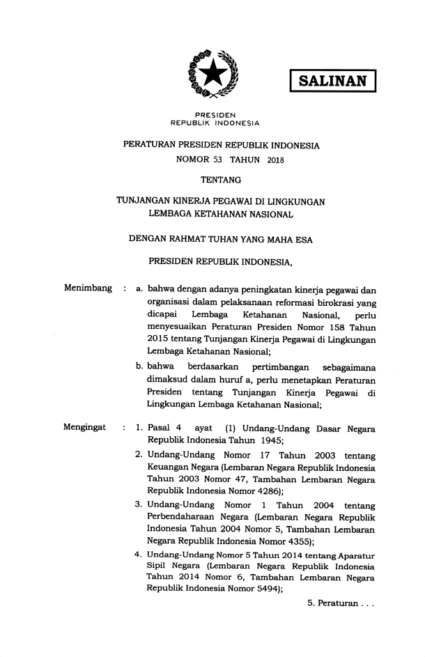 Peraturan Presiden Nomor 53 Tahun 2018