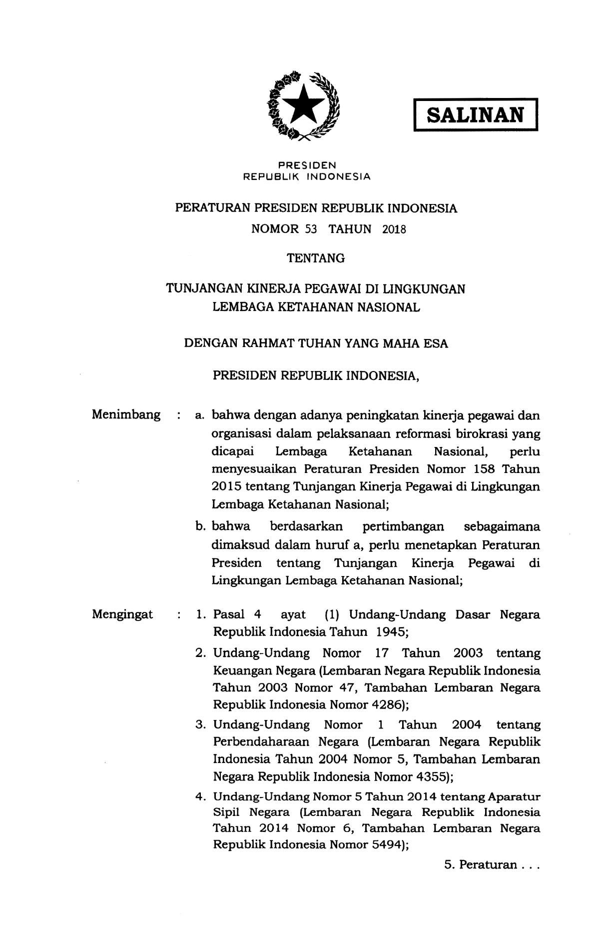 Peraturan Presiden Nomor 53 Tahun 2018