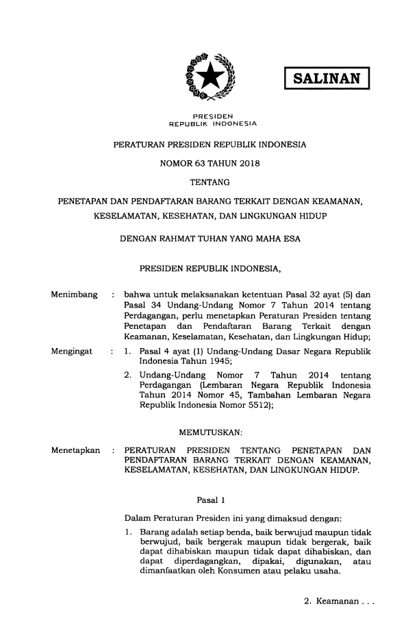 Peraturan Presiden Nomor 63 Tahun 2018