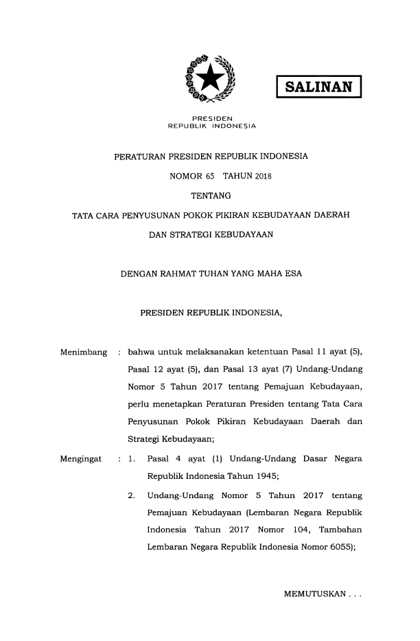 Peraturan Presiden Nomor 65 Tahun 2018