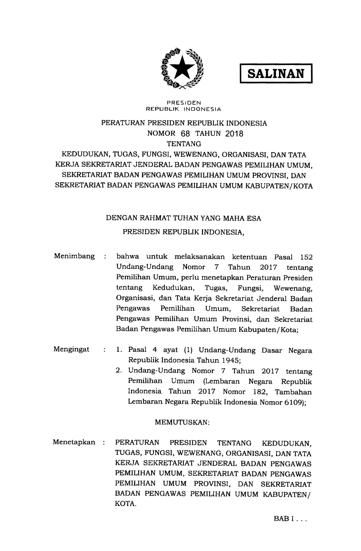 Peraturan Presiden Nomor 68 Tahun 2018