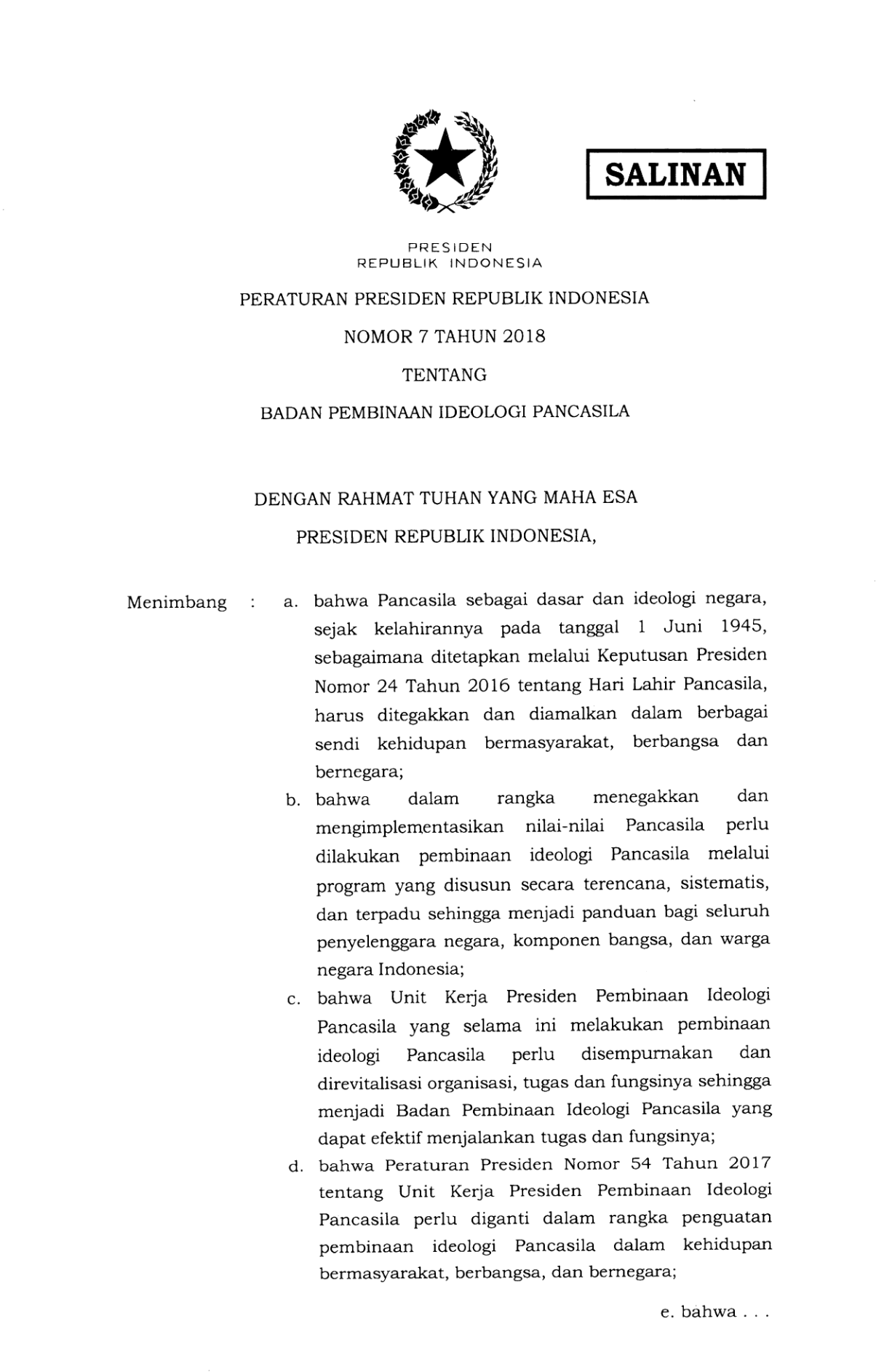 Peraturan Presiden Nomor 7 Tahun 2018