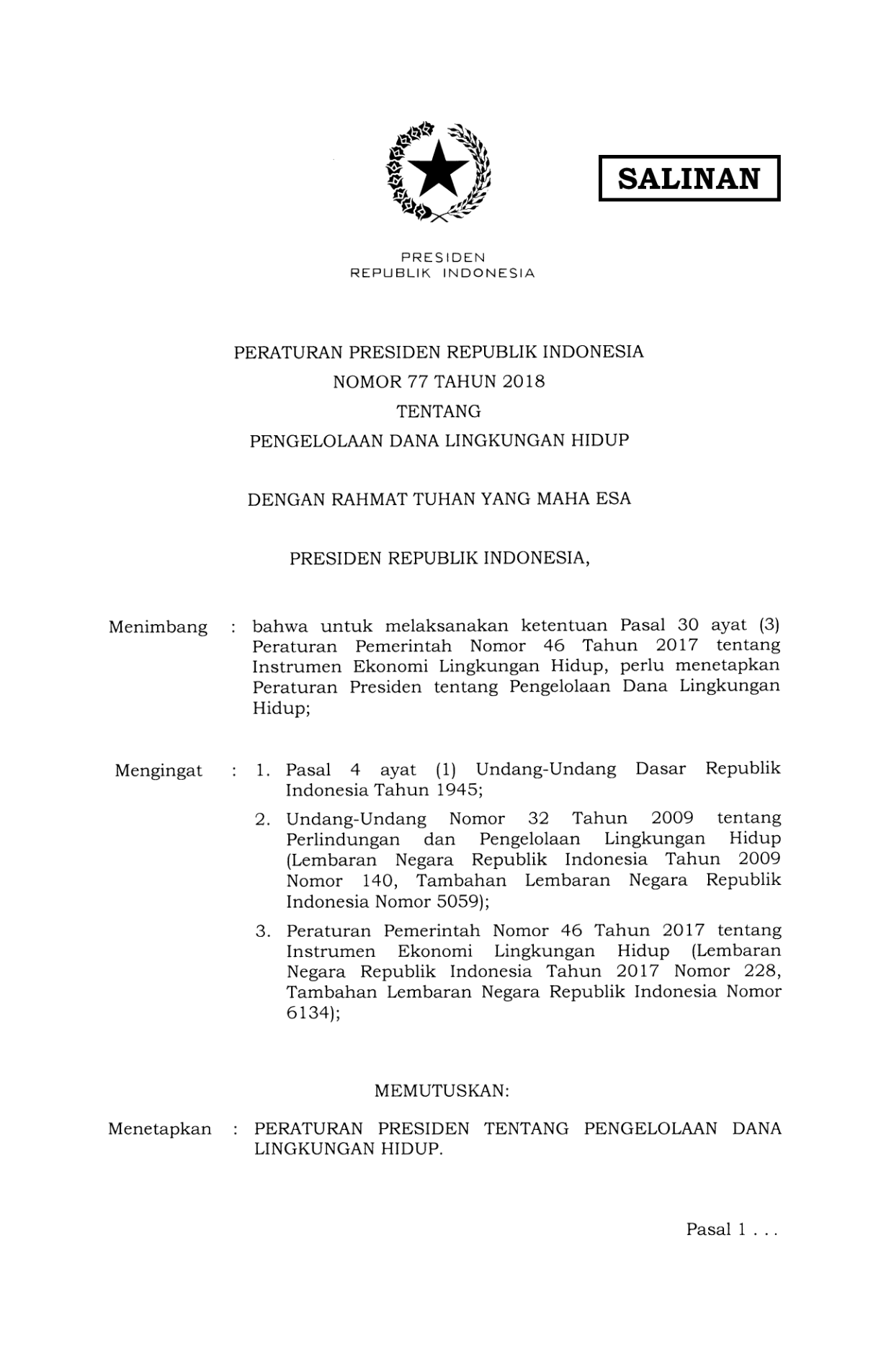 Peraturan Presiden Nomor 77 Tahun 2018