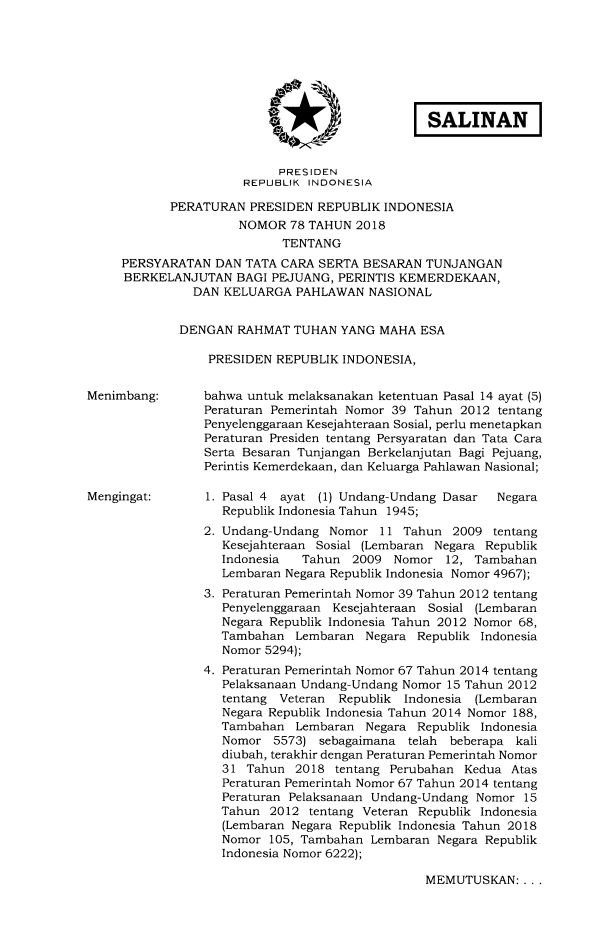 Peraturan Presiden Nomor 78 Tahun 2018