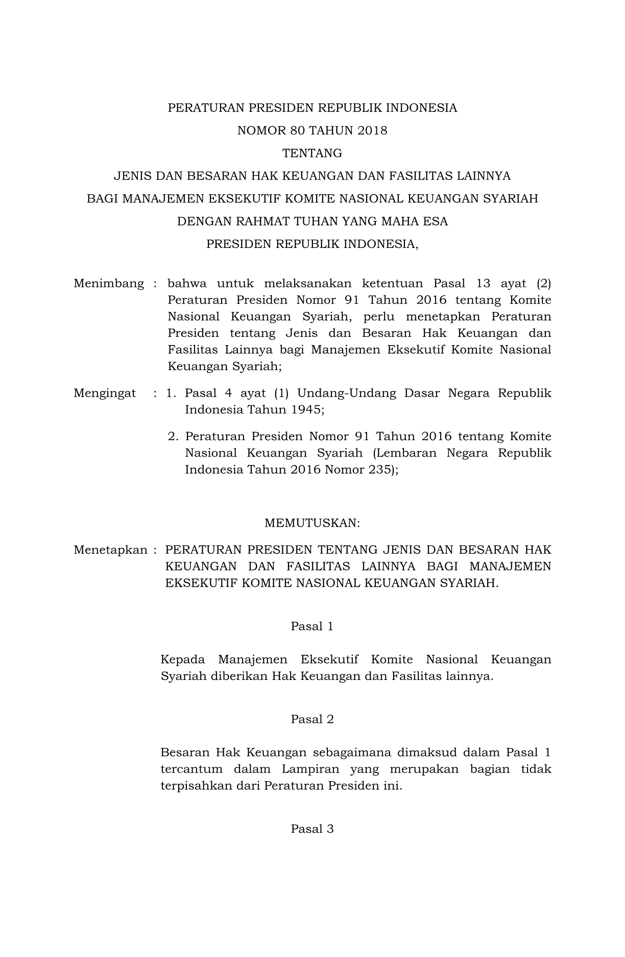 Peraturan Presiden Nomor 80 Tahun 2018