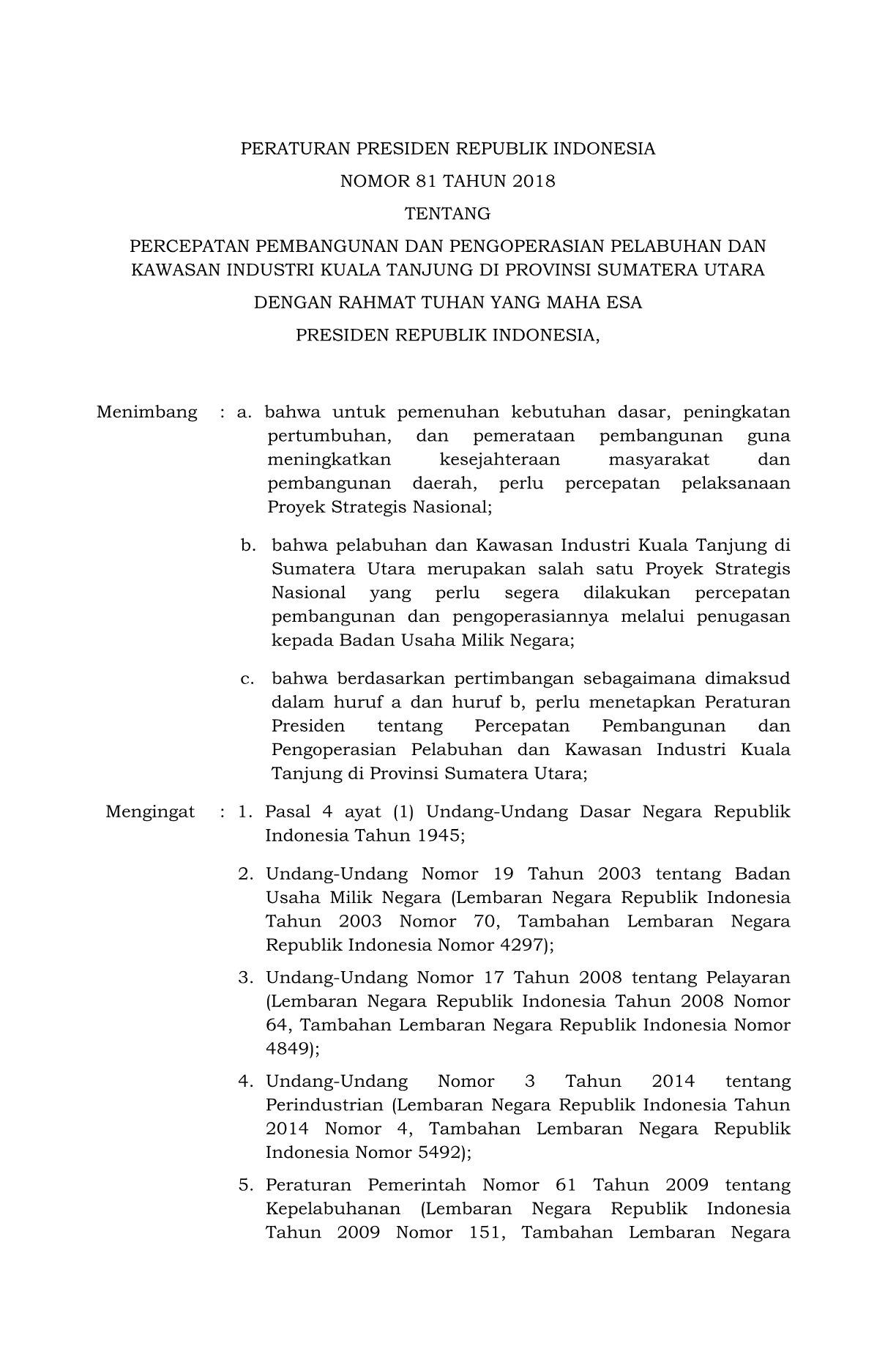 Peraturan Presiden Nomor 81 Tahun 2018