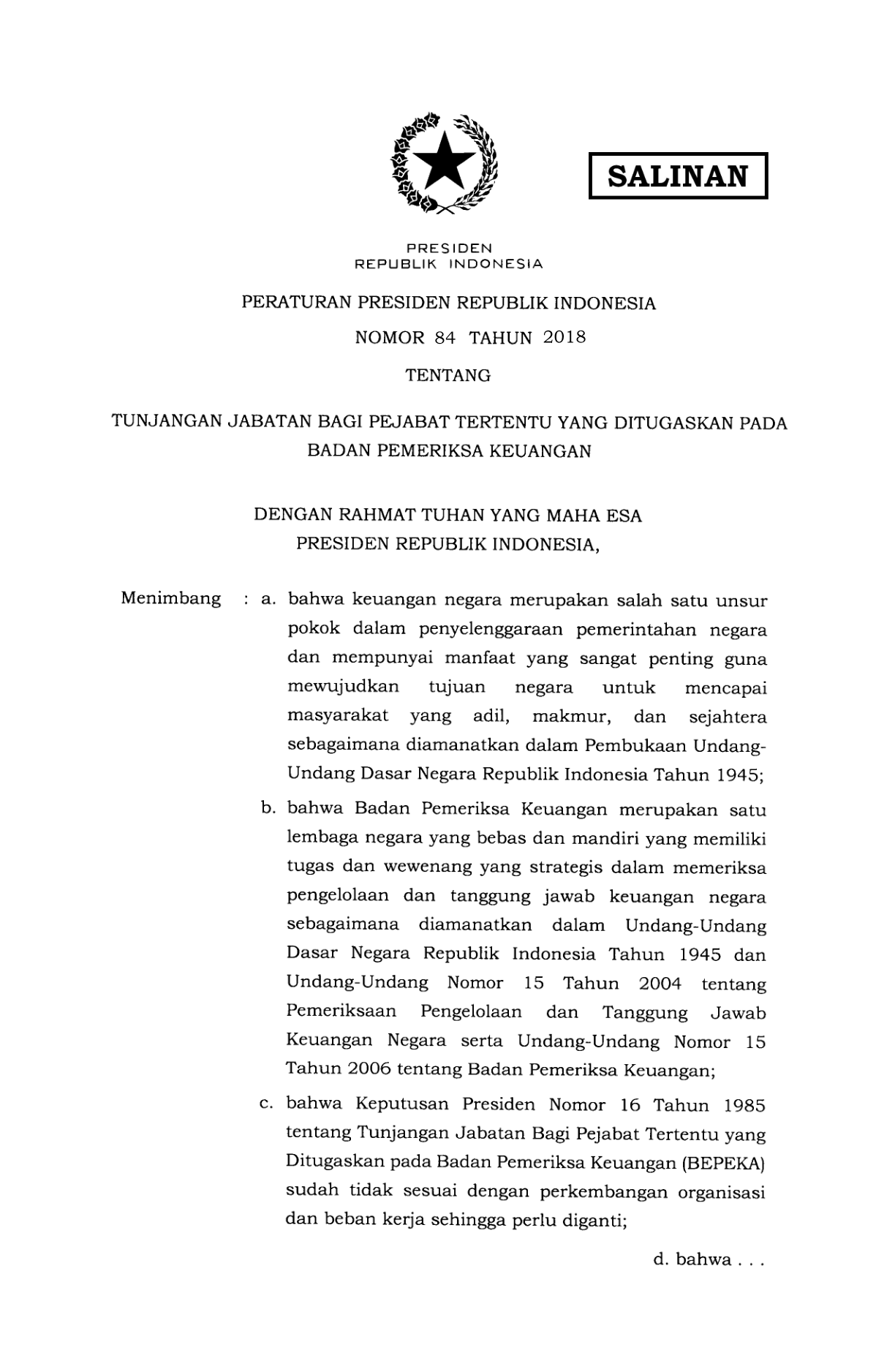 Peraturan Presiden Nomor 84 Tahun 2018