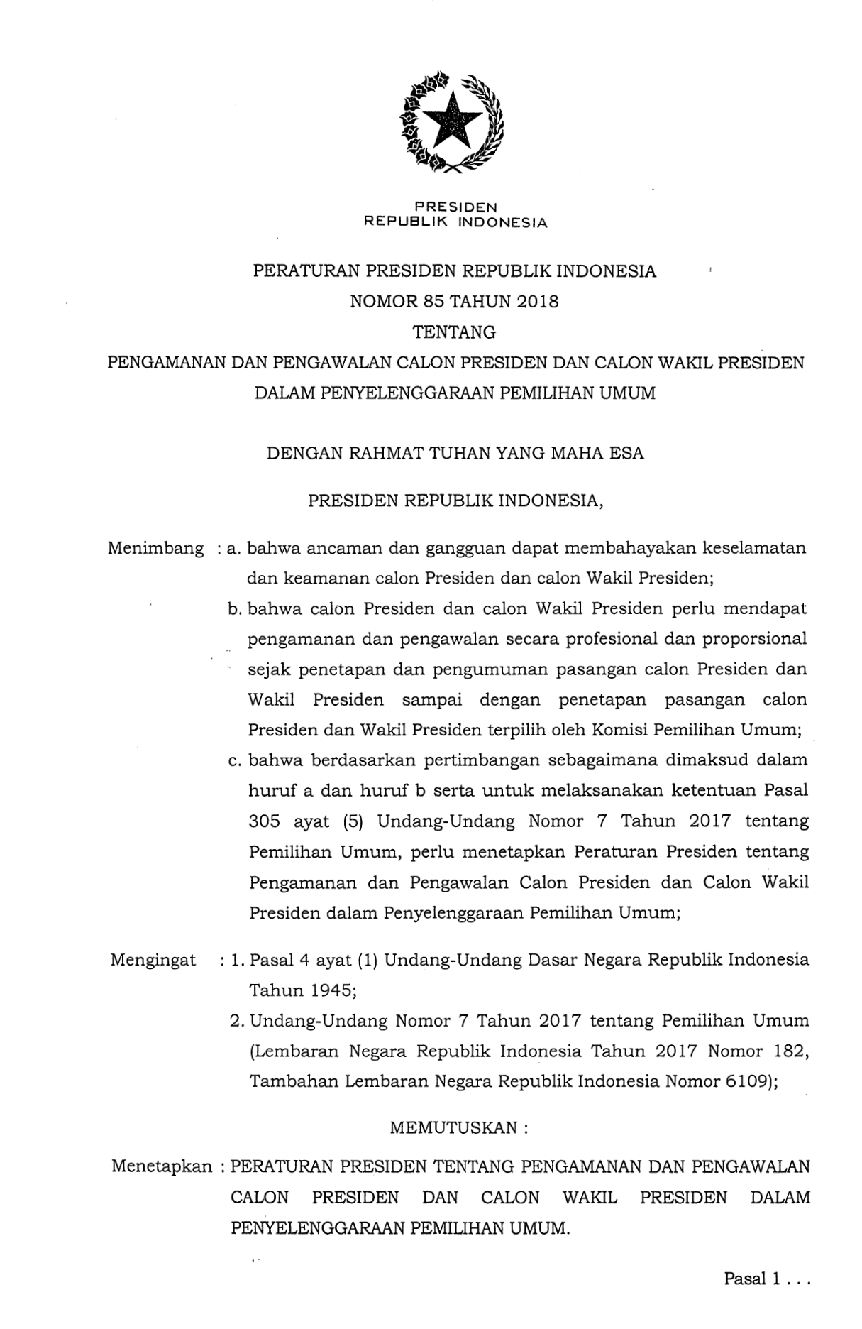 Peraturan Presiden Nomor 85 Tahun 2018