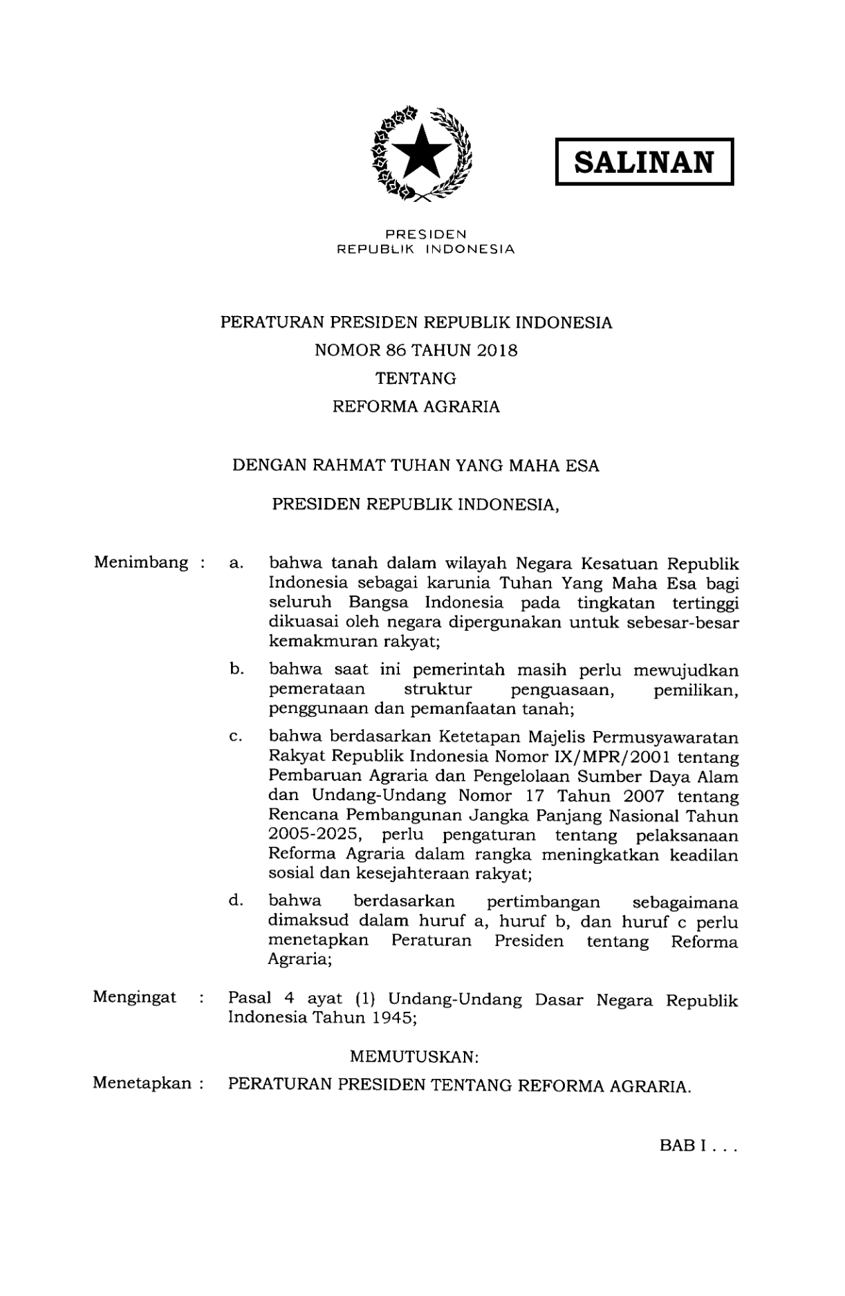 Peraturan Presiden Nomor 86 Tahun 2018