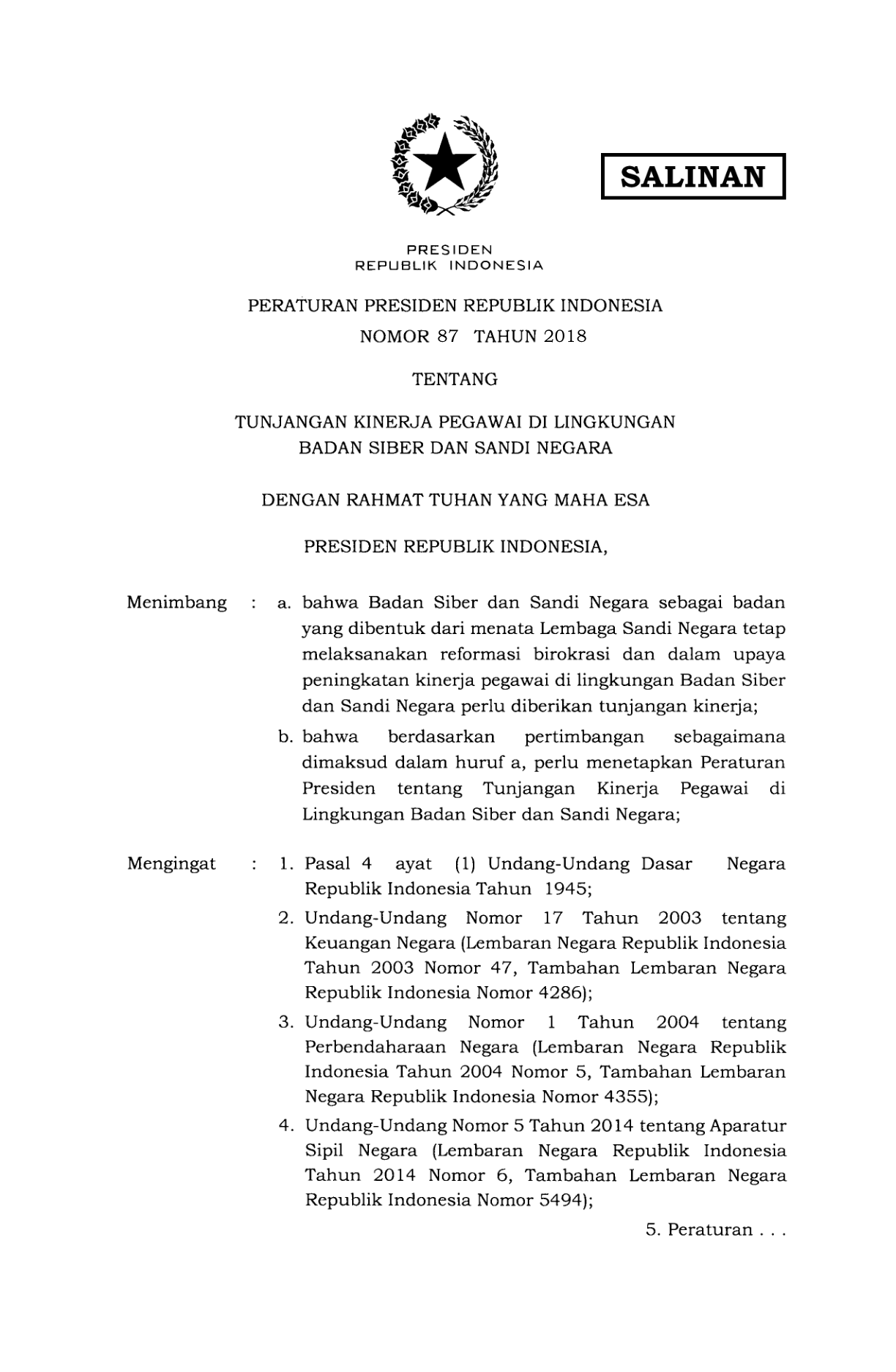 Peraturan Presiden Nomor 87 Tahun 2018