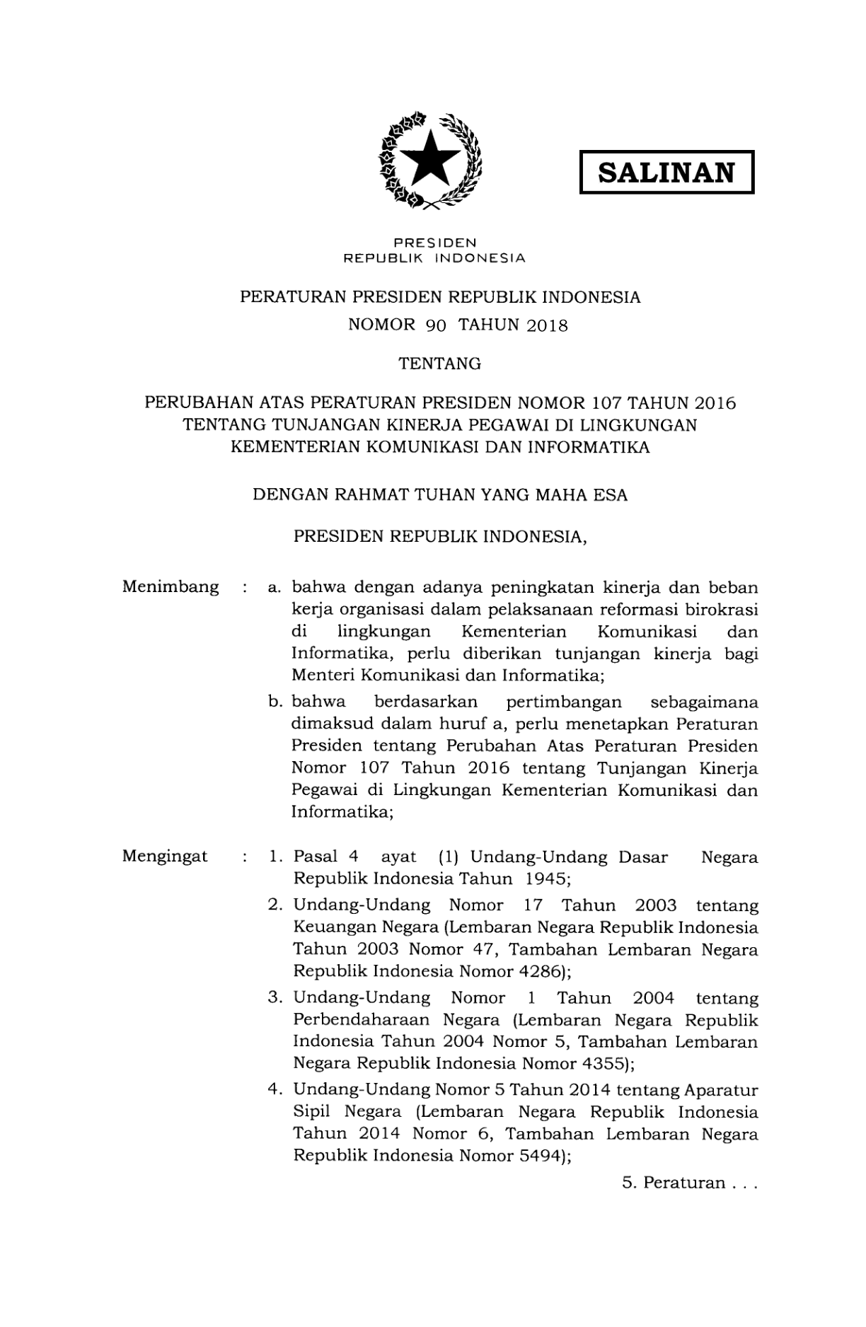 Peraturan Presiden Nomor 90 Tahun 2018