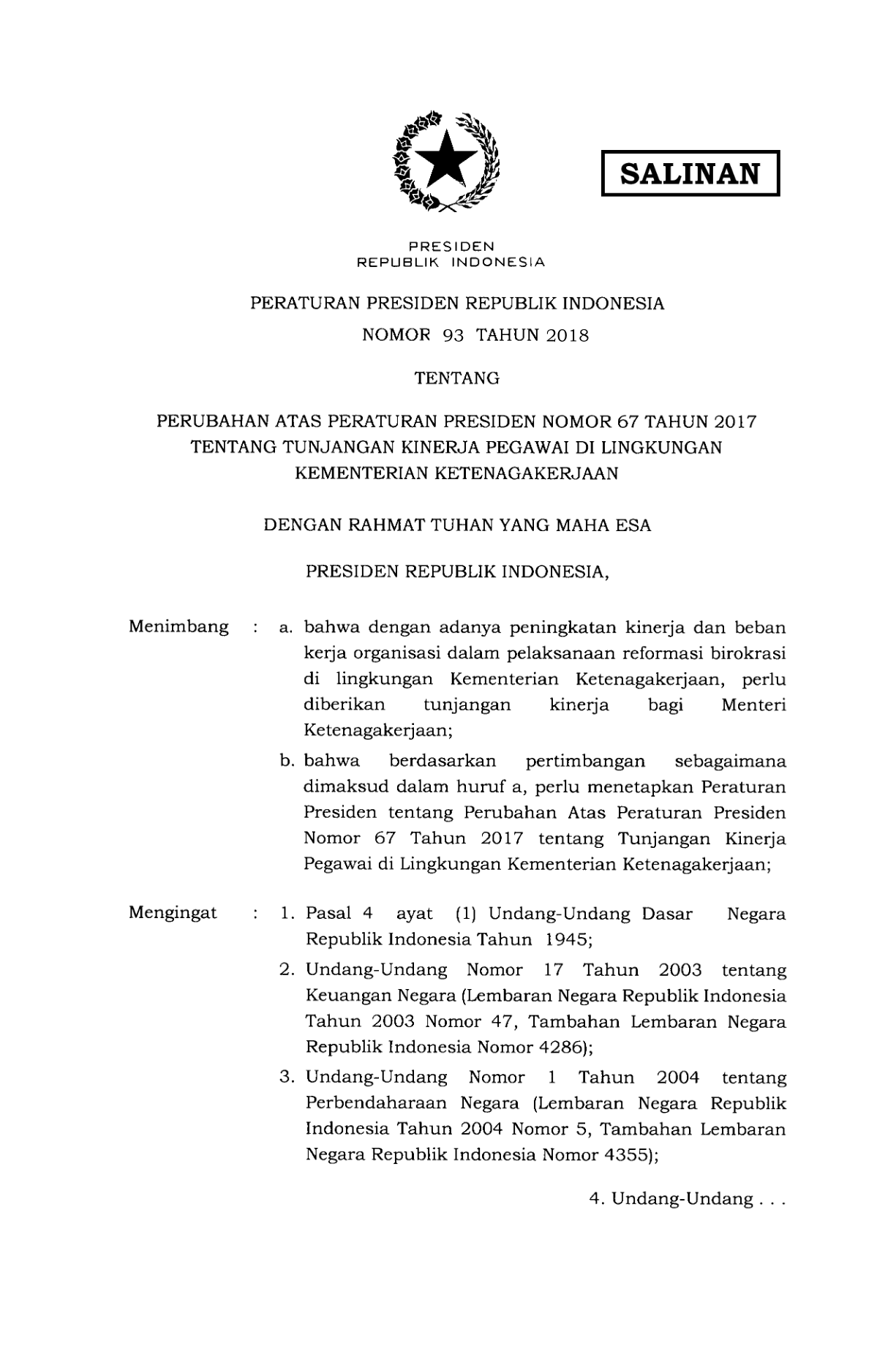 Peraturan Presiden Nomor 93 Tahun 2018