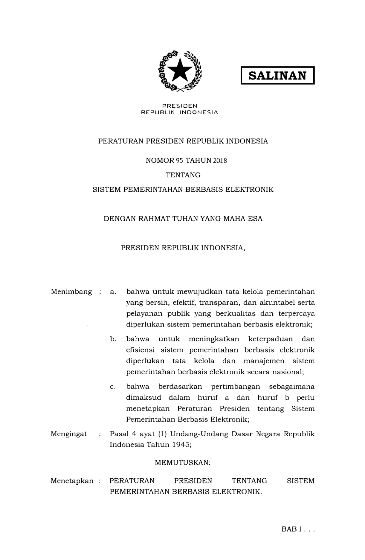 Peraturan Presiden Nomor 95 Tahun 2018