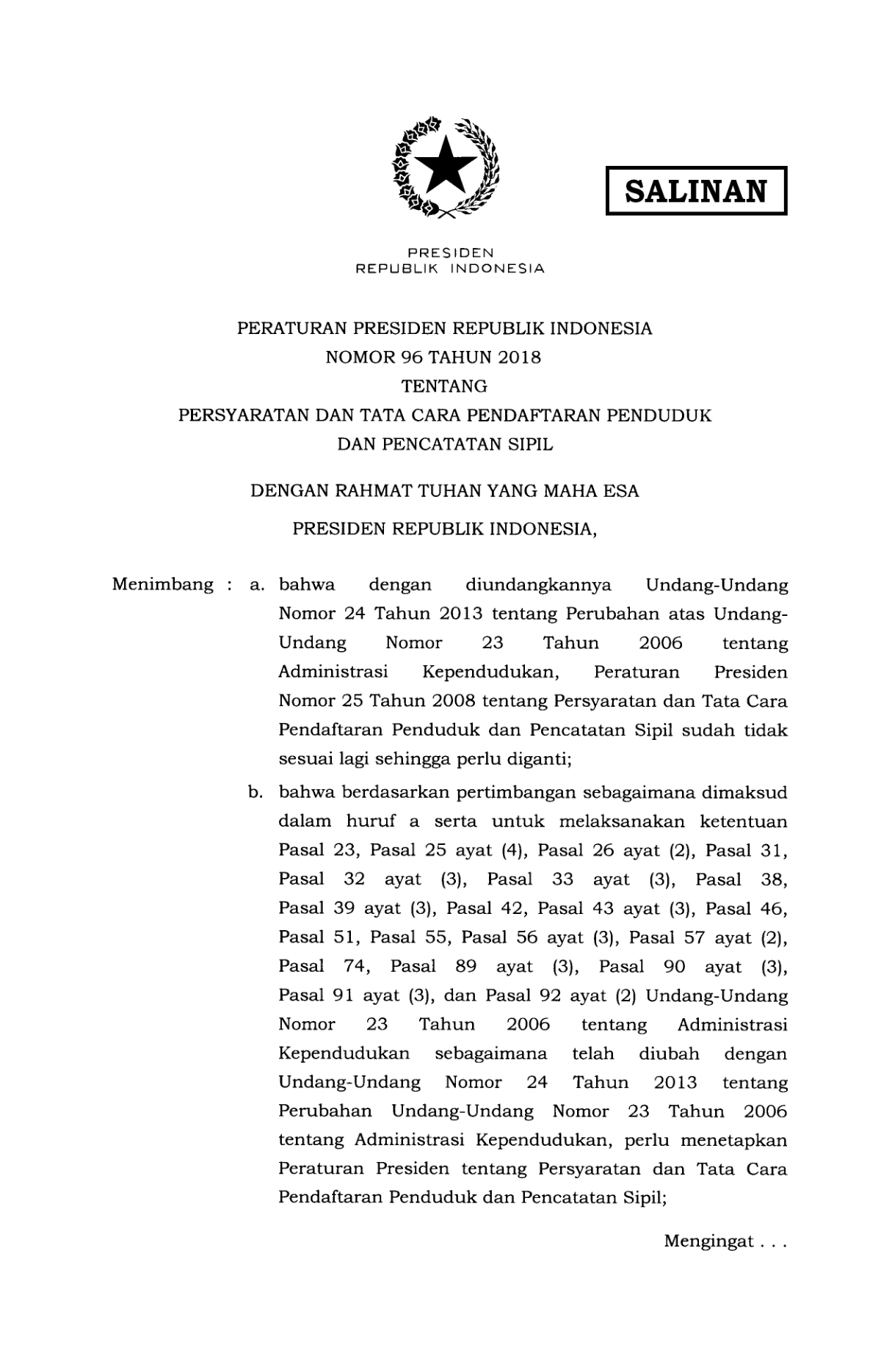 Peraturan Presiden Nomor 96 Tahun 2018