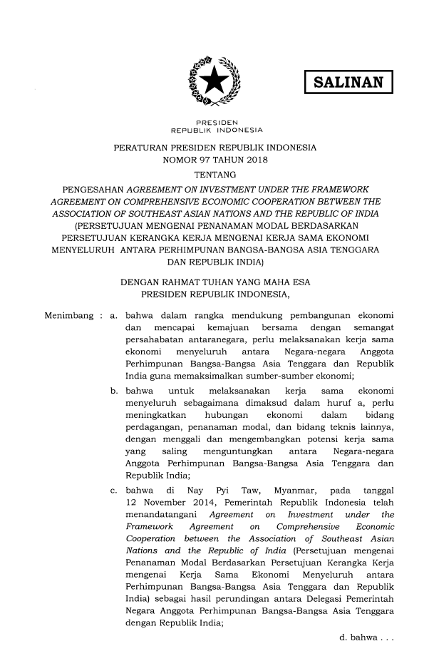 Peraturan Presiden Nomor 97 Tahun 2018