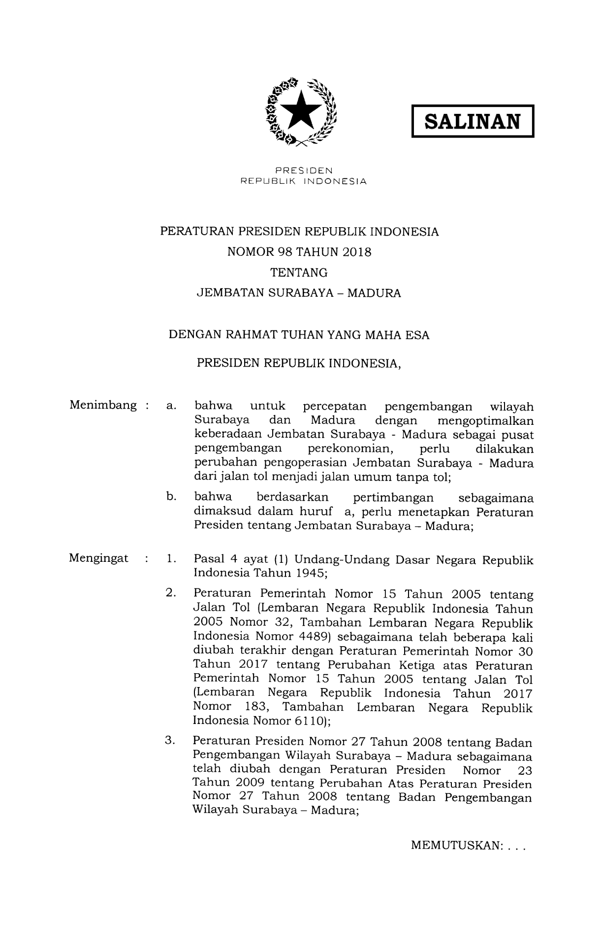 Peraturan Presiden Nomor 98 Tahun 2018