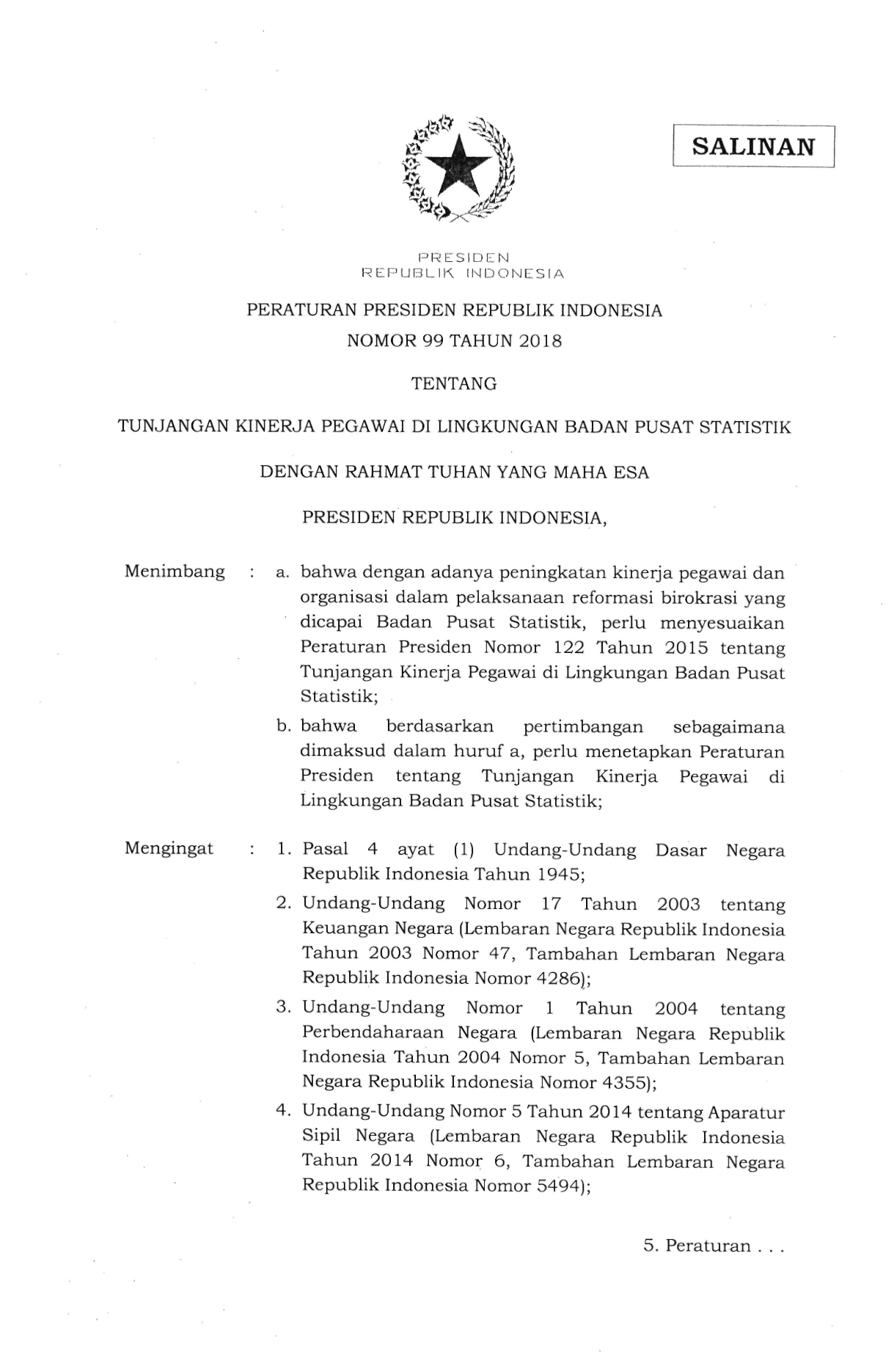 Peraturan Presiden Nomor 99 Tahun 2018