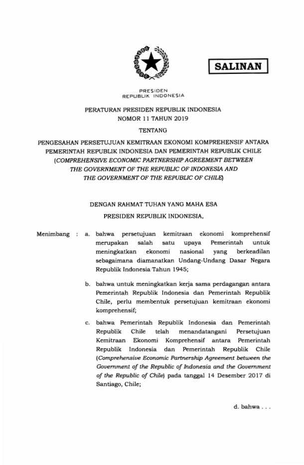 Peraturan Presiden Nomor 11 Tahun 2019